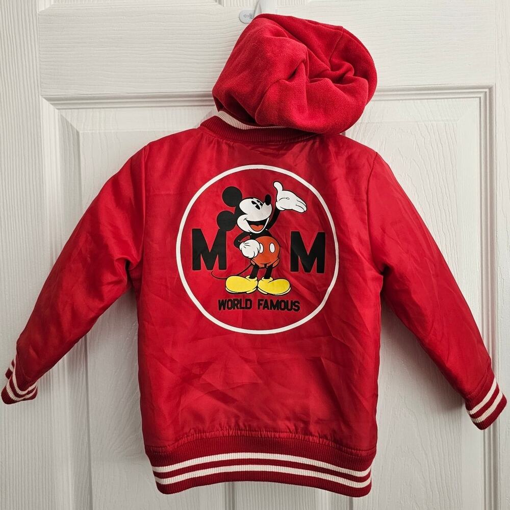 Disney Vintage Mickey Mouse UNISEX Varsity Jacket Hood Red White Stripes Sz 2T